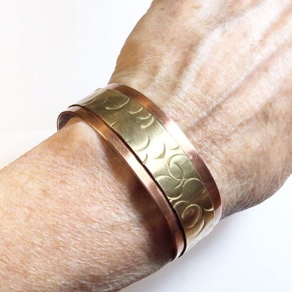 Bracelet, Artisan Brass & Copper Cuff, NEW, Handmade, Double Layer, Natural - Picture 4 of 4